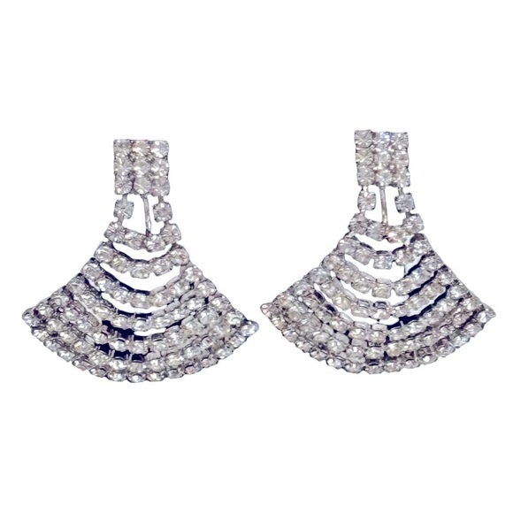 Vintage clear rhinestone articulated dangle clip on earrings - Picture 1 of 8